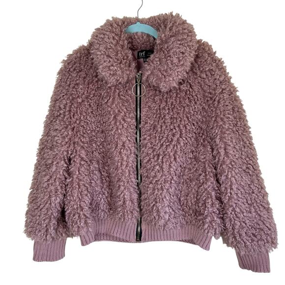 Zara TRF Sz S Faux Shearling Bomber Jacket in Mauve Fuzzy Zip-up Boho Warm - Picture 2 of 16